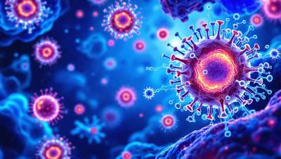 The primary subject of the image is a close-up of a cell, which is the main object, scene, or focus of the image. The cell is surrounded by a blue background, giving it a vibrant and lively appearance. The visual style of the image is a combination of photo and digital art, creating a realistic yet artistic representation of the cell. The dominant colors in the image are blue and purple, which contribute to the overall atmosphere of the scene.