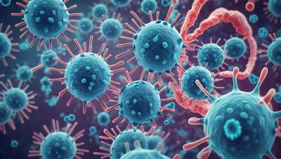 The primary subject of the image is a group of blue and red cells, which appear to be a part of a larger organism. The setting is a close-up of the cells, with a blue background. The visual style is a combination of a photo and digital art, creating a vibrant and detailed representation of the cells. The dominant colors are blue and red, giving the image a lively and energetic atmosphere.