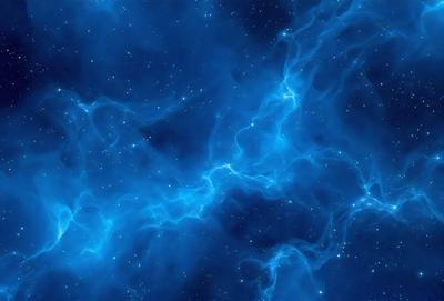 The primary subject of the image is a blue, swirling, and glowing nebula. The setting is a dark, starry sky, with the nebula as the main focus. The visual style is a digital art or illustration, creating a vibrant and captivating scene. The dominant colors are blue and purple, giving the image a serene and celestial atmosphere.