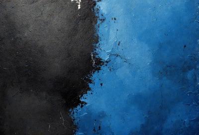 The primary subject of the image is a black and blue painting. The setting is a canvas, and the visual style is a painting. The dominant colors are black and blue, creating a moody atmosphere.
