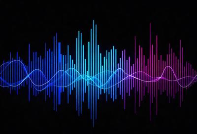 The primary subject of the image is a sound wave, which is a blue and purple pattern. The setting is a black background, and the visual style is a digital art or illustration. The dominant colors are blue and purple, creating a vibrant and energetic atmosphere.