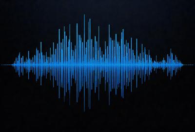 The primary subject of the image is a blue wave or sound wave, which is the main focus of the image. The setting is a dark background, which contrasts with the blue wave. The visual style is a digital art or illustration, as the wave appears to be a digital representation. The colors and mood of the image are predominantly blue, creating a calm and soothing atmosphere.