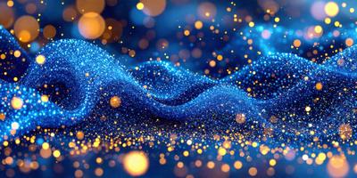 The primary subject of the image is a blue wave with a sparkling, glittering effect. The setting is a dark blue background, which contrasts with the bright blue wave. The visual style is a digital art or illustration, creating a unique and eye-catching effect. The dominant colors are blue and sparkling, giving the image a lively and energetic atmosphere.