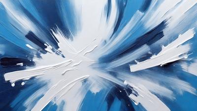 The primary subject of the image is a painting of a blue and white swirl. The setting is a white wall, and the visual style appears to be a digital art or illustration. The dominant colors in the painting are blue and white, creating a calming and serene atmosphere.