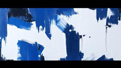 The primary subject of the image is a painting with a blue background. The painting features a white and blue color scheme, giving it a clean and fresh appearance. The visual style of the painting suggests that it is a digital art piece, as it appears to be a close-up of the artwork. The colors and mood of the painting evoke a sense of calmness and tranquility, as the blue and white colors are often associated with serenity and relaxation.