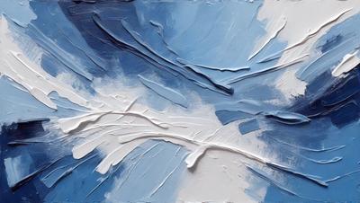 The primary subject of the image is a painting of a blue and white sky. The setting is a white background, and the visual style appears to be a digital art or illustration. The dominant colors in the painting are blue and white, creating a serene and calming atmosphere.