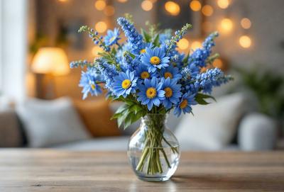 The primary subject of the image is a vase filled with blue and yellow flowers. The vase is placed on a wooden table, which serves as the setting for the scene. The visual style of the image is a photo, capturing the beauty of the flowers and the wooden table. The dominant colors in the image are blue and yellow, creating a calm and soothing atmosphere.