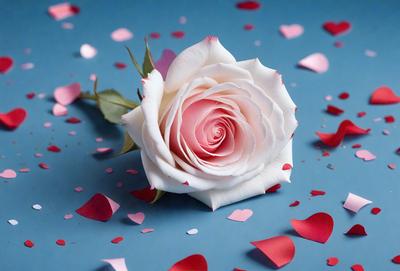 The primary subject of the image is a single white rose. The rose is placed on a blue surface, which could be a table or a background. The visual style of the image is a close-up of the rose, showcasing its details and beauty. The colors in the image are predominantly white and blue, creating a calm and serene atmosphere.