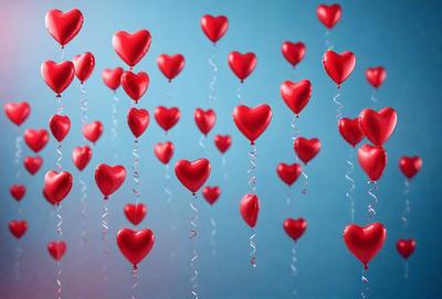 The primary subject of the image is a large number of red heart-shaped balloons floating in the air. The balloons are scattered throughout the scene, creating a visually appealing and playful atmosphere. The setting is a blue background, which contrasts nicely with the red balloons. The visual style of the image is a combination of photo and digital art, as the balloons are depicted in a realistic manner while the overall composition and arrangement of the balloons give the impression of a digital artwork