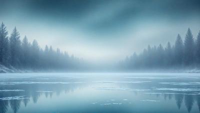 The primary subject of the image is a large body of water, which appears to be a lake. The setting is a forest, with trees surrounding the lake. The visual style of the image is a painting, which gives it a more artistic and detailed appearance. The colors and mood of the painting are predominantly blue, creating a serene and peaceful atmosphere.