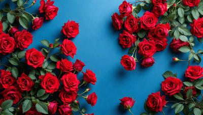 Primary subject: Red roses
Setting/background: Blue wall
Visual style: Photo
Colors and mood: Red and vibrant