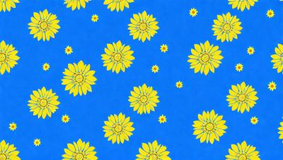 The primary subject of the image is a pattern of yellow flowers on a blue background. The setting appears to be a wallpaper or a fabric with a blue color. The visual style is a combination of digital art and illustration, creating a vibrant and lively atmosphere. The dominant colors are yellow and blue, with the flowers being the main focus of the image.
