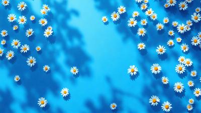 The primary subject of the image is a field of white flowers, with a blue background. The flowers are scattered throughout the scene, creating a visually appealing and serene atmosphere. The visual style of the image is a combination of photo and digital art, as it captures the beauty of the flowers in a realistic yet artistic manner. The colors and mood of the image are predominantly blue and white, with the flowers adding a touch of vibrancy and life to the scene.