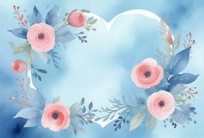 The primary subject of the image is a heart-shaped arrangement of pink flowers. The heart is filled with water and has a blue background. The flowers are arranged in a way that creates a heart shape, with the stems forming the outline of the heart. The visual style of the image is a combination of digital art and illustration, giving it a unique and artistic appearance. The colors and mood of the image are predominantly pink and blue, creating a warm and inviting atmosphere.