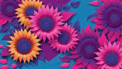 The primary subject of the image is a group of sunflowers, which are the main objects in the scene. The setting is a blue background, and the visual style appears to be a combination of digital art and illustration. The dominant colors in the image are pink and yellow, creating a warm and vibrant atmosphere.