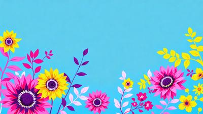 The primary subject of the image is a bouquet of colorful flowers, including sunflowers and daisies, arranged in a vibrant and lively manner. The setting is a blue sky, which serves as a beautiful backdrop for the flowers. The visual style of the image is a combination of digital art and illustration, creating a vivid and eye-catching display. The colors and mood of the image are predominantly pink, yellow, and blue, evoking a sense of warmth, happiness,