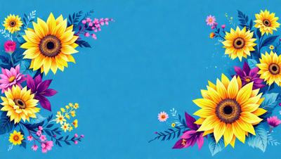 The primary subject of the image is a blue background with a variety of colorful flowers and leaves. The setting is a blue wall, and the visual style is a combination of digital art and illustration. The dominant colors are blue, yellow, pink, and purple, creating a vibrant and lively atmosphere.