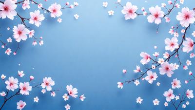 The primary subject of the image is a beautiful arrangement of pink flowers. The flowers are scattered across the scene, creating a visually appealing and vibrant display. The setting is a blue background, which complements the pink flowers and adds a sense of depth and contrast to the image. The visual style of the image is a combination of photo and digital art, resulting in a high-quality and detailed representation of the flowers. The colors and mood of the image are predominantly pink, which evokes feelings of warm