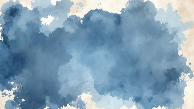The primary subject of the image is a blue cloudy sky. The setting is a cloudy blue sky with a few white clouds. The visual style is a watercolor painting, giving the scene a vibrant and artistic appearance. The dominant colors are blue and white, creating a serene and calming atmosphere.