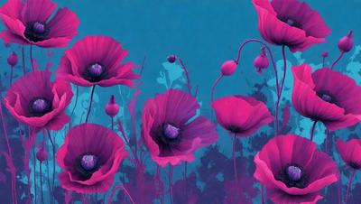 The primary subject of the image is a group of purple flowers, which are the main objects in the scene. The flowers are set against a blue background, creating a vibrant and lively atmosphere. The visual style of the image is a combination of photo and digital art, as it appears to be a close-up of the flowers with a slightly blurred background. The dominant colors in the image are purple and blue, which contribute to the overall mood of the scene.