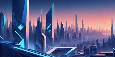 The primary subject of the image is a futuristic cityscape with a mix of blue and purple hues. The setting is a city with tall buildings, including a large blue building that stands out. The visual style is a digital art or illustration, creating a unique and captivating atmosphere. The colors and mood convey a sense of wonder and imagination, as the viewer is taken on a journey through the city's futuristic landscape.