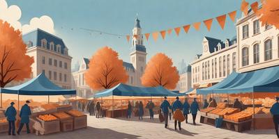 The image is a painting of a city street with a crowd of people walking around. The primary subject is a man walking down the street, and the setting is a city with buildings and flags. The visual style is a painting, and the colors and mood are vibrant and lively.
