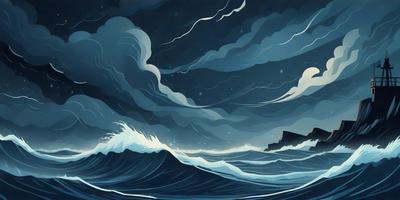 The primary subject of the image is a large wave in the ocean. The setting is a dark, stormy sky, which adds to the dramatic atmosphere of the scene. The visual style is a combination of digital art and illustration, creating a dynamic and captivating image. The dominant colors are dark blues and grays, which contribute to the overall mood of the scene, evoking a sense of intensity and power.