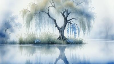 The primary subject of the image is a tree, which is situated in a grassy area near a body of water. The setting appears to be a serene, natural environment. The visual style of the image is a painting, which gives it a more artistic and detailed appearance. The colors in the painting are predominantly blue, which creates a calm and peaceful atmosphere.