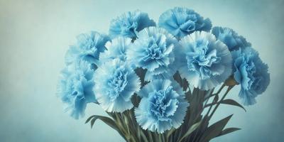 The primary subject of the image is a bouquet of blue flowers, which are the main focus of the scene. The flowers are arranged in a vase, creating a visually appealing display. The setting is a blue background, which complements the blue flowers and adds to the overall mood of the image. The visual style of the image is a combination of photo and digital art, as it captures the beauty of the flowers in a realistic yet artistic manner. The colors and mood of the image are predominantly blue