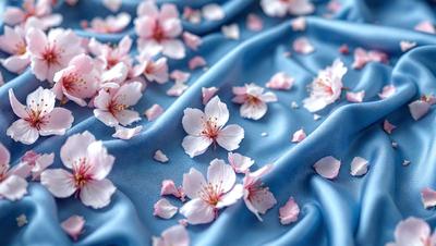 The primary subject of the image is a blue cloth with a pattern of pink flowers scattered across it. The setting is a bed, and the visual style is a photo. The dominant colors are blue and pink, creating a calm and soothing atmosphere.