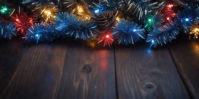 The primary subject of the image is a wooden table with a blue and white Christmas tree decoration on it. The table appears to be made of wood, and the decoration adds a festive touch to the scene. The setting is indoors, likely in a home or a similar environment. The visual style of the image is a combination of photo and digital art, creating a unique and eye-catching display. The colors and mood of the image are predominantly blue and white, which are commonly associated with Christmas decorations and