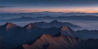 The primary subject of the image is a mountain range with a hazy sky in the background. The setting is a mountainous landscape, and the visual style appears to be a photo. The colors and mood of the image are dominated by the earthy tones of the mountains and the hazy sky, creating a serene and dramatic atmosphere.