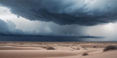 The image features a sandy desert landscape with a dark, cloudy sky looming overhead. The primary subject is a sand dune, which is the main focus of the image. The setting is a desert environment, with the sky serving as the backdrop. The visual style is a photo, capturing the natural beauty of the sand dune and the ominous sky. The colors and mood of the image are dark and moody, with the cloudy sky casting a shadow over the sand dune.