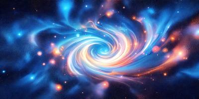 The primary subject of the image is a spiral-shaped, swirling, and colorful pattern. The setting is a dark, starry background, which contrasts with the vibrant colors of the spiral. The visual style is a combination of digital art and illustration, creating a dynamic and captivating scene. The dominant colors are blue, orange, and yellow, which contribute to a lively and energetic atmosphere.