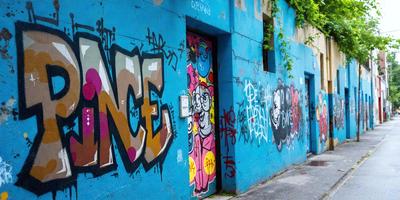 The primary subject of the image is a blue door with graffiti on it. The door is located in front of a building with a blue wall. The visual style of the image is a photo, and the colors and mood are predominantly blue, with some orange and yellow accents from the graffiti.