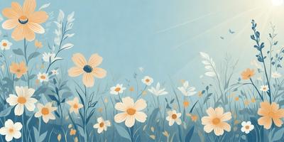 The primary subject of the image is a field of flowers, with a variety of white and yellow flowers spread across the grass. The setting is a blue sky, which serves as the backdrop for the flowers. The visual style is a combination of digital art and illustration, creating a vibrant and lively atmosphere. The dominant colors are white and yellow, which are prevalent in the flowers, and the overall mood is cheerful and uplifting.