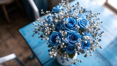 The primary subject of the image is a vase filled with blue roses and baby's breath. The vase is placed on a table, which serves as the setting for the scene. The visual style of the image is a close-up of the vase, showcasing the beautiful blue flowers and the delicate baby's breath. The colors and mood of the image are predominantly blue, creating a serene and calming atmosphere.
