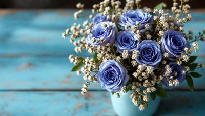 The primary subject of the image is a vase filled with blue flowers, which are arranged in a bouquet. The setting is a table, and the visual style is a photo. The dominant colors in the image are blue and white, creating a calm and serene atmosphere.