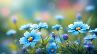 The primary subject of the image is a field of blue flowers, with a variety of different colored flowers. The setting is a lush green field, and the visual style is a painting or digital art. The colors and mood of the image are vibrant and cheerful, with the blue flowers being the main focus.