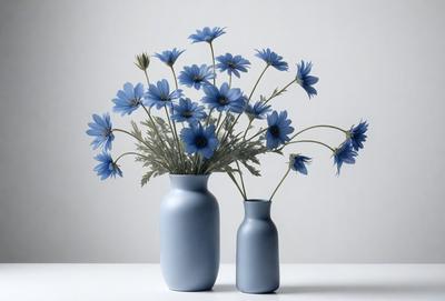 The primary subject of the image is a vase filled with blue flowers, placed on a table. The setting is a white table, and the visual style is a photo. The dominant colors in the image are blue and white, creating a calm and serene atmosphere.