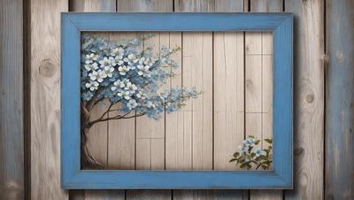 The primary subject of the image is a tree with white flowers, which is the main focus of the scene. The tree is situated in front of a wooden wall, creating a natural and serene setting. The visual style of the image is a painting, which adds a sense of artistic expression and depth to the scene. The dominant colors in the painting are blue and white, which contribute to a calm and peaceful atmosphere.
