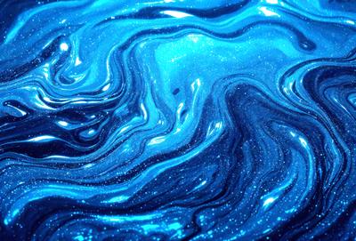The primary subject of the image is a blue, swirling, and flowing liquid, possibly a blue-green water or a blue-green paint. The setting is a dark background, which contrasts with the blue liquid. The visual style appears to be a digital art or illustration, as the blue liquid has a swirling and flowing pattern. The colors and mood of the image are predominantly blue, creating a calm and serene atmosphere.