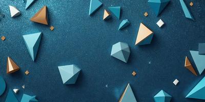 The primary subject of the image is a blue background with geometric shapes, including triangles and diamonds, scattered across it. The shapes are made of gold and blue colors, creating a visually appealing and intricate pattern. The setting appears to be a space or a futuristic environment, as the geometric shapes are floating in the air. The visual style of the image is a combination of digital art and illustration, with the geometric shapes and colors creating a unique and captivating design. The overall atmosphere of the image is one of