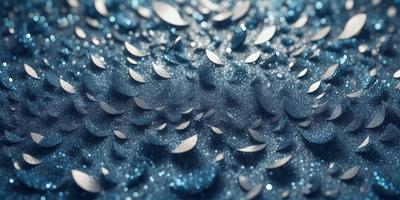 The primary subject of the image is a close-up of a blue fabric with a pattern of silver sequins. The setting is a blue background, which creates a visually appealing contrast with the sequins. The visual style is a combination of a photo and digital art, as the sequins are arranged in a way that resembles a painting. The colors and mood of the image are predominantly blue, with the silver sequins adding a touch of shine and sophistication.