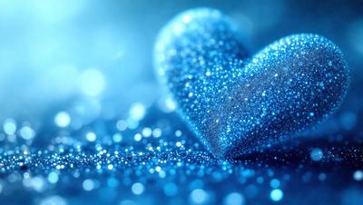 The primary subject of the image is a heart-shaped object, which appears to be made of glittering blue material. The heart is placed against a blue background, giving the scene a vibrant and luminous atmosphere. The visual style of the image is a combination of photo and digital art, as it captures the heart's unique texture and color. The colors and mood of the image are predominantly blue, creating a sense of calmness and tranquility.