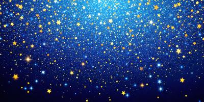 The primary subject of the image is a blue starry sky filled with bright stars. The setting is a dark background, which contrasts with the bright stars. The visual style is a photo of the night sky, capturing the beauty of the stars. The colors and mood of the image are predominantly blue and serene, creating a sense of tranquility and wonder.