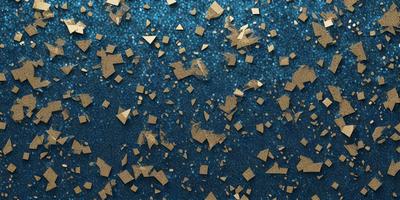 The primary subject of the image is a blue background with gold confetti or glittery pieces scattered across it. The setting appears to be a dark room, and the visual style is a close-up of the confetti on the blue surface. The colors and mood of the image are predominantly dark and moody, with the gold confetti adding a touch of brightness and visual interest.