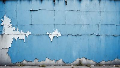 The primary subject of the image is a blue wall with white paint chipping off of it. The setting is an outdoor environment, and the visual style appears to be a photo. The dominant colors are blue and white, with the blue wall and white paint chipping off creating a contrasting and somewhat aged appearance.