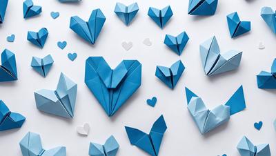The primary subject of the image is a collection of blue paper hearts. These hearts are arranged in various positions and sizes, creating a visually appealing and heartwarming display. The setting is a white background, which provides a clean and uncluttered environment for the hearts to stand out. The visual style is a combination of digital art and illustration, as the hearts are carefully crafted and placed to create a cohesive and harmonious composition. The colors and mood of the image are predominantly blue, which