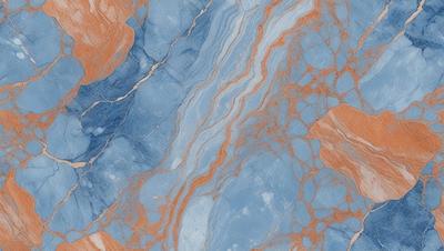 The primary subject of the image is a blue and orange marbled stone. The setting is a close-up of the marbled stone, showcasing its unique and intricate pattern. The visual style is a close-up, likely a photo or a digital art piece, capturing the details of the stone. The colors and mood of the image are vibrant and lively, with the blue and orange hues creating a striking contrast.